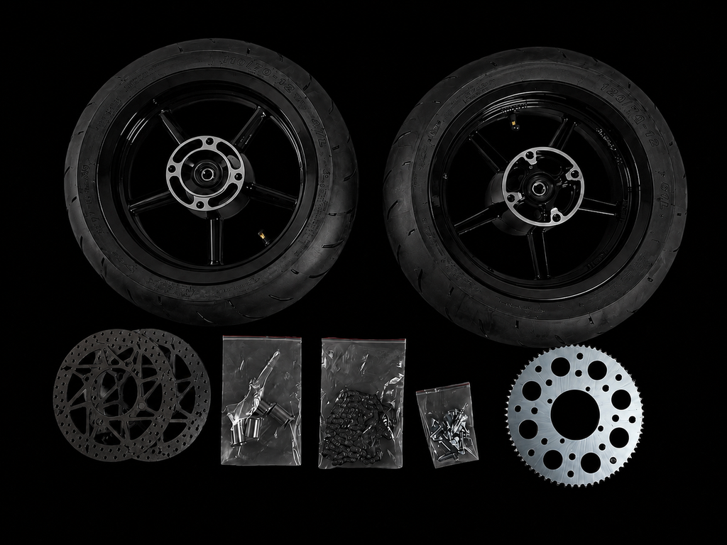12 inch SuperMoto Wheel Sets And Upgraded Sprocket, Rotor, And Chain for Heybike Villain, Yozma in10, Tuttio soleil, RTR, Valtinsu em-5, Razor, and Strike Shadow