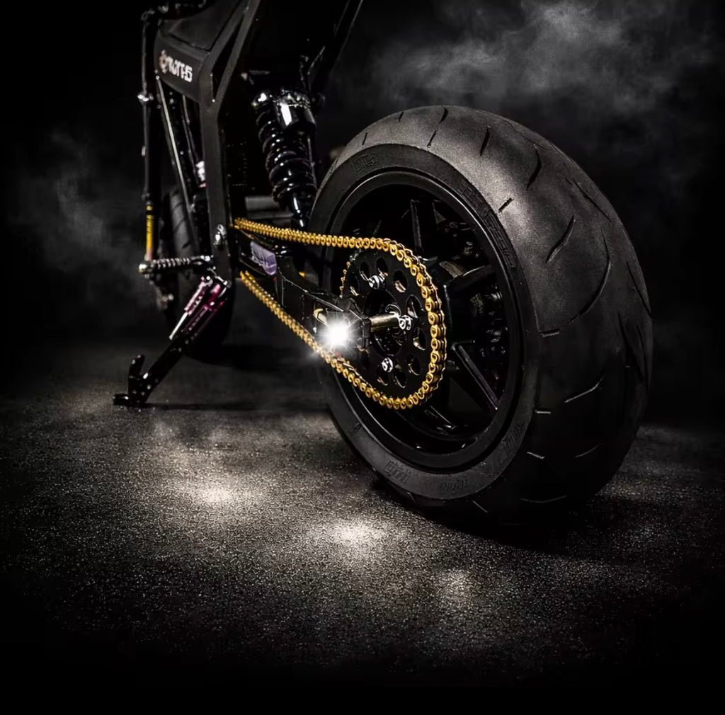 12 inch SuperMoto Wheel Sets And Upgraded Sprocket, Rotor, And Chain for Heybike Villain, Yozma in10, Tuttio soleil, RTR, Valtinsu em-5, Razor, and Strike Shadow